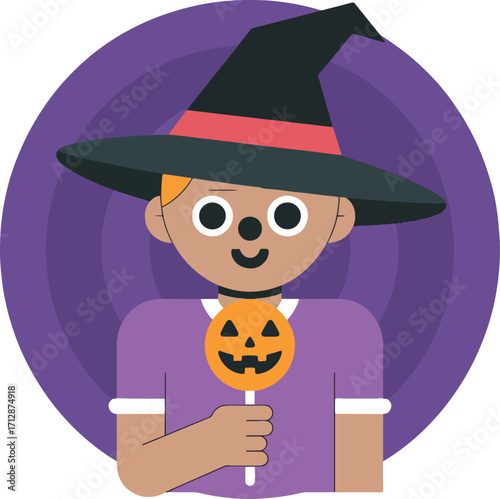 Boy in Witch Hat with Pumpkin Lollipop – Halloween Cartoon Vector Illustration