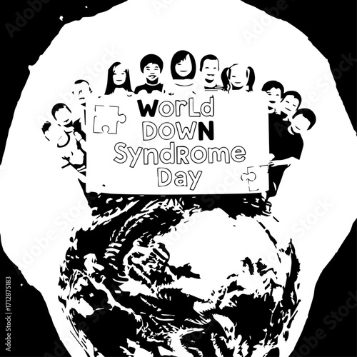 Group of People Holding Sign for World Down Syndrome Day Black and White.