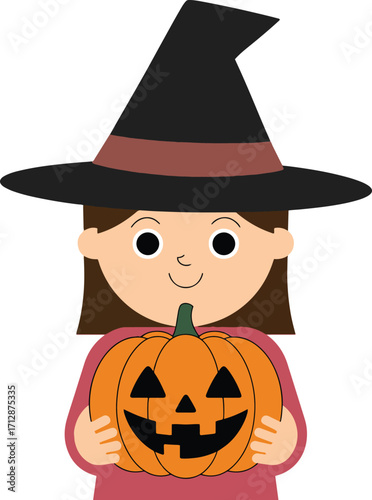 Smiling Witch Girl Holding Pumpkin – Halloween Cartoon Vector Illustration Isolate on White Background 