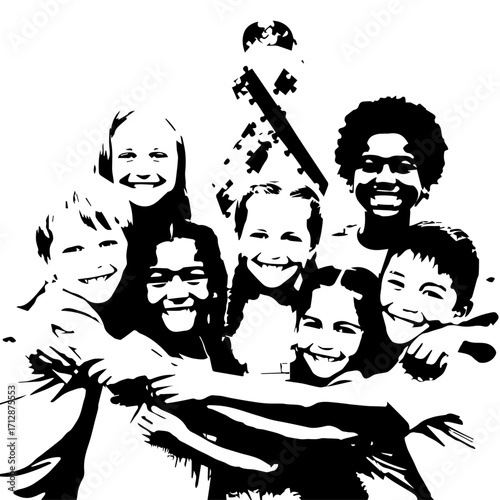 Group of Smiling Children Embracing Joyful Faces Black and White Silhouette.