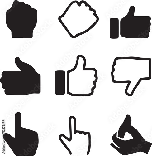 Set of 9 black-and-white hand gesture icons—minimalist vector symbols for approval, direction, and interaction