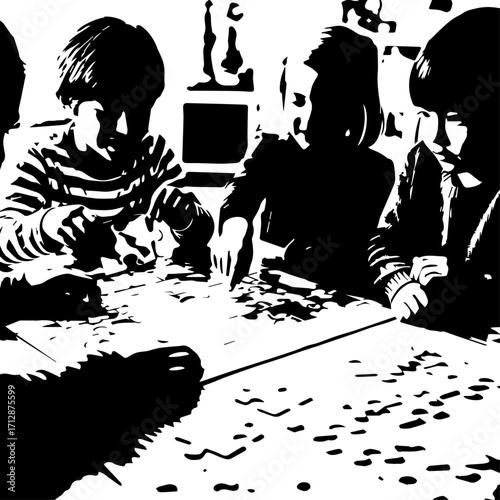Group of Young Children Focused on Assembling a Jigsaw Puzzle Together.