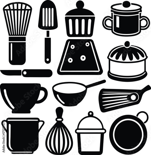 Collection of silhouette icons representing baking and kitchen utensils for culinary arts and food preparation