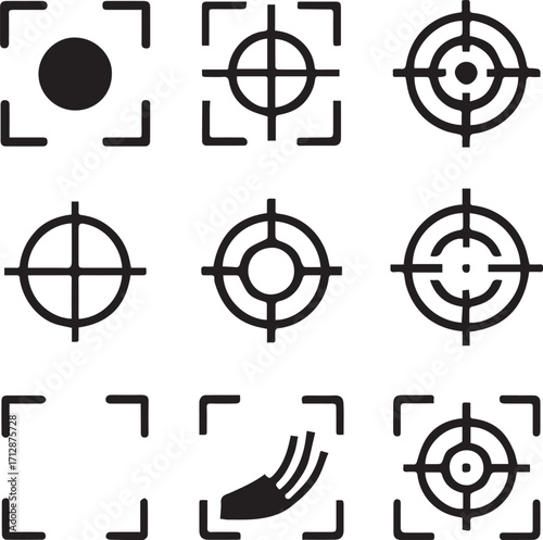 Set of 9 black-and-white crosshair and targeting icons—minimalist vector symbols for user interfaces, gaming, and augmented reality