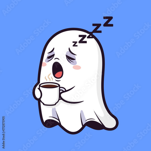 Cute Tired Cartoon Ghost Yawning and Holding Coffee Cup with Zzz Sleep Symbols