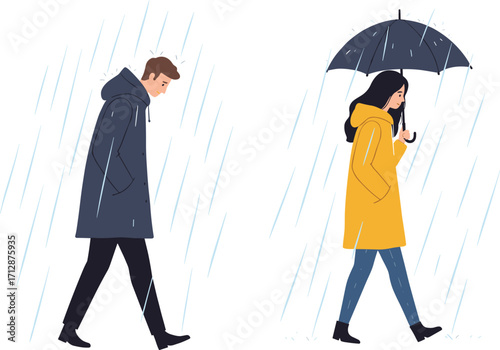Rainy day illustration, people walking in rain, umbrella and raincoat, bad weather, street scene, wet season, urban lifestyle, stormy weather, rainfall
