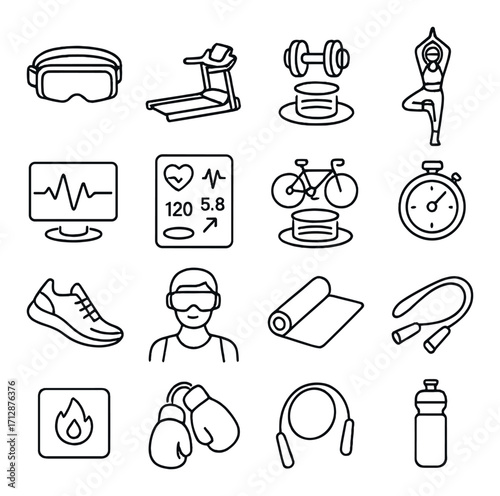 Fitness and exercise icons featuring equipment, yoga, and heart rate symbols