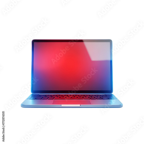 Modern laptop with a vibrant red and blue gradient on the screen, isolated on transparent background