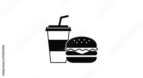 Simple black and white illustration of a burger and a drink combo