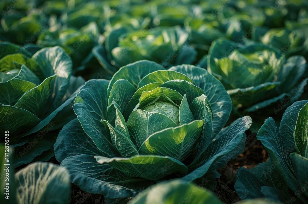Obraz premium Morning harvest of fresh green cabbage in the fields