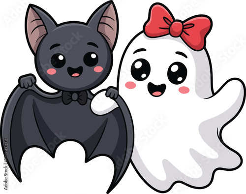 Cute Bat and Ghost Friends – Happy Halloween Cartoon Vector Illustration