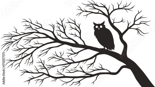 Black Silhouette of Jungle Owl Sitting on Branch in Style on Plain Clean Background Vector