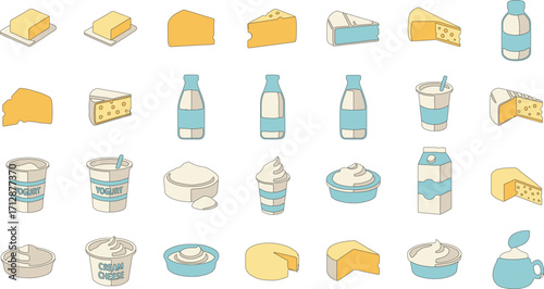 Dairy Food Icons Pack | Cheese, Butter, Milk, Yogurt, Cream, Sour Cream, Cottage Cheese | Fresh Farm Products Illustration Collection