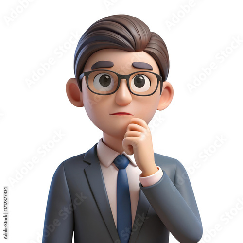3d cartoon businessman thinking pose isolated on transparent background