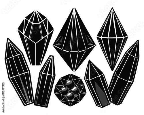 Black and White Gemstones and Crystals Vector Illustration for Jewelry Designs