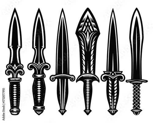 Collection of Black and White Dagger Illustrations Featuring Intricate Handles and Sharp Blades
