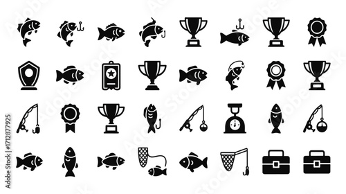 Fishing Icons Pack | Trophy, Fish, Rod, Net, Hook, Award, Scale, Box | Black Silhouette Collection for Anglers, Sport and Hobby Design
