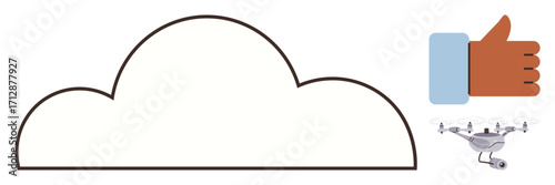 Cloud outline paired with a thumbs-up gesture and a quadcopter in flight. Ideal for cloud computing, data sharing, positive feedback, quadcopter usage, technology approval, innovation, simple flat