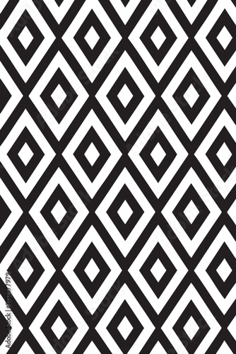 Geometric pattern of repeating black and white diamonds creating a visually striking and modern abstract background texture
