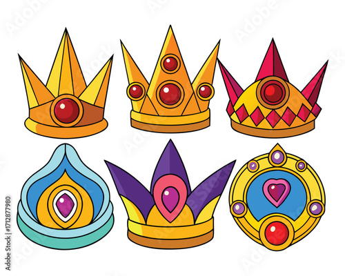 Collection of Colorful Cartoon Crowns with Jewels, Perfect for Fantasy Illustrations and Design