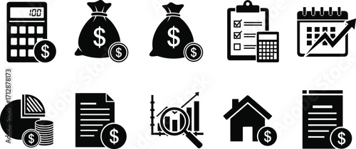 Finance and business icon set, money bag, calculator, coin stack, growth chart, report document, home loan, budget, savings, investment