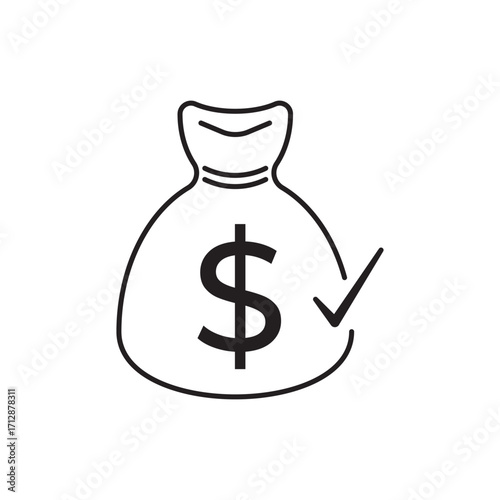 Minimal line icon of a money bag with dollar sign and check mark, symbolizing secure finance, savings, profit, approved loan, investment success, business income, payment guarantee, and wealth.