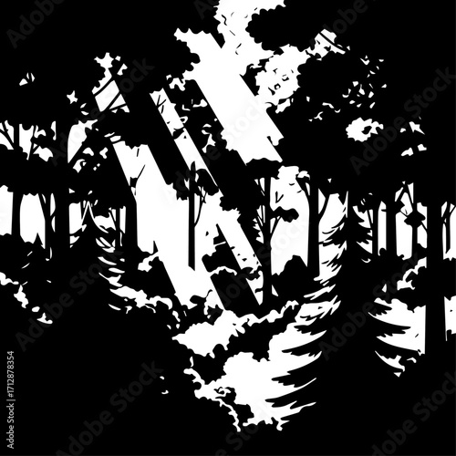 Silhouette of a Dense Forest with Trees and Overlapping Foliage in Black and White.