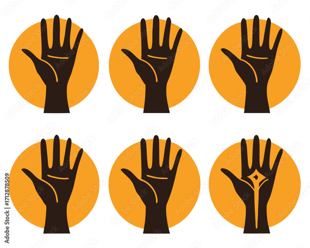 Fototapeta premium Various Black Hand Gestures on Orange Circles, Symbolic Communication and Expression