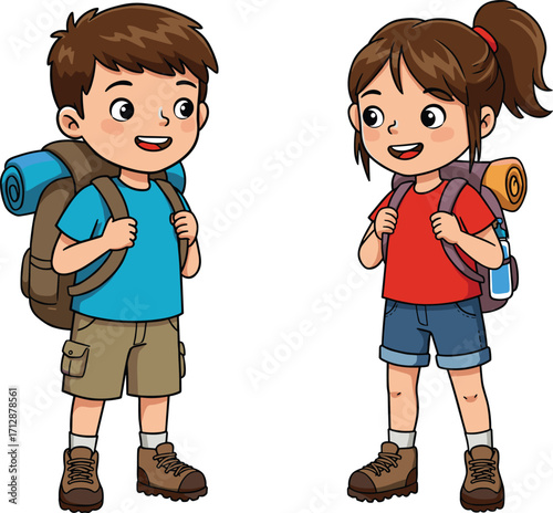 Cartoon kids hiking outdoors with backpacks, camping gear, happy children trekking, nature exploration, summer adventure, travel trip, outdoor activity illustration