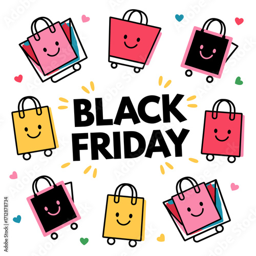 Vector art of collection of cute, smiling shopping bags in various colors for black friday sale