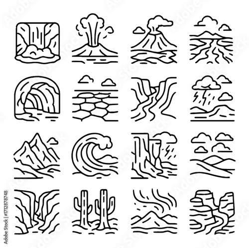 Collection of simplified nature icons featuring landscapes and natural phenomena