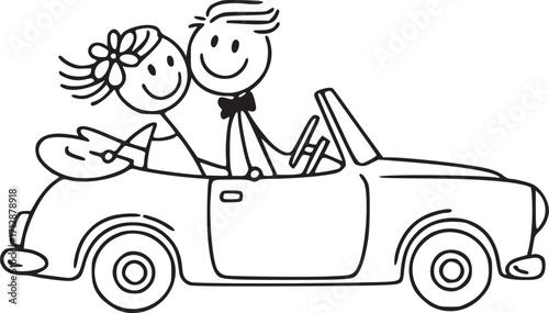 Wedding Car Joy: A playful depiction of a newlywed couple embarking on their journey of marital bliss, joyfully riding in a classic convertible car after the ceremony.