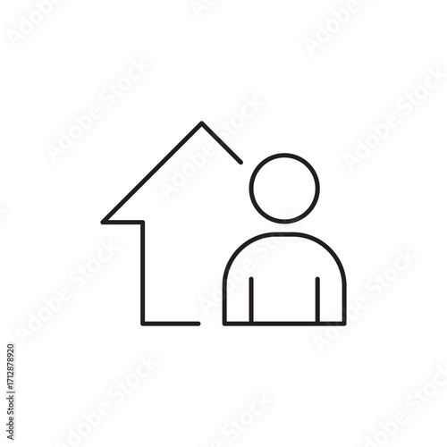 Minimal line icon of a person beside a house, representing real estate, home ownership, property investment, housing loan, mortgage, rental business, residential living, and realty services concepts.