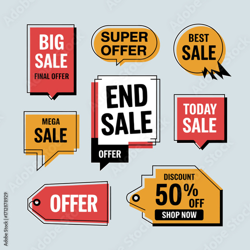 Vector art of collection of sale and offer tags with different shapes and colors, including big sale, super offer, end sale, today sale, mega sale, discount 50 off, and shop now