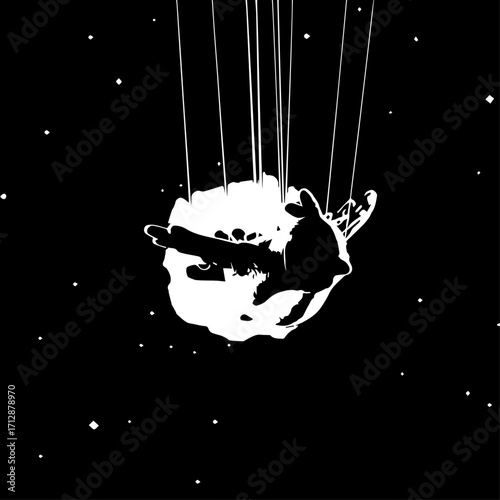 Silhouette of a Person Suspended by Strings in a Starry Night Sky.