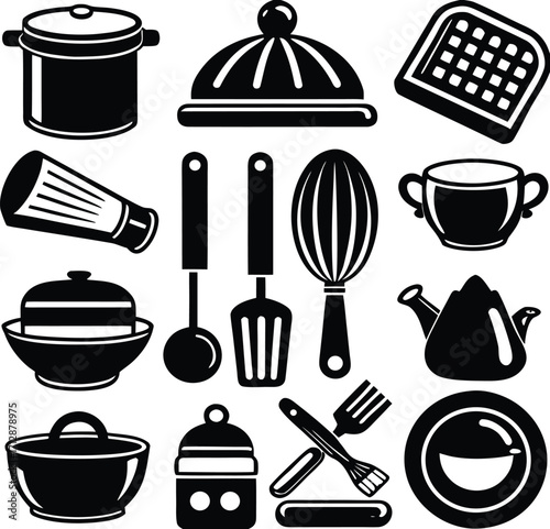 Collection of black silhouette kitchen utensils and cookware for culinary enthusiasts and home chefs essential cooking gear