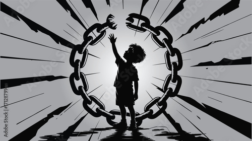 Empowered young child breaking free from chains, inspiring hope and resilience, a symbol of overcoming adversity