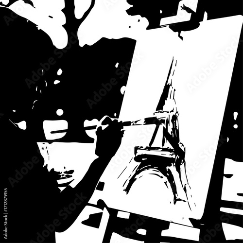 Silhouette of Artist Painting Eiffel Tower on Canvas with Brushstrokes.