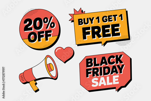 Vector art of collection of black friday sale tags including 20 off, buy 1 get 1 free, and black friday sale with a megaphone and heart