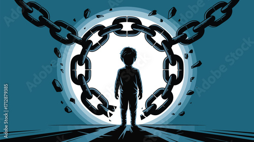 Empowering child breaking free from chains, overcoming adversity and gaining freedom, hope and liberation