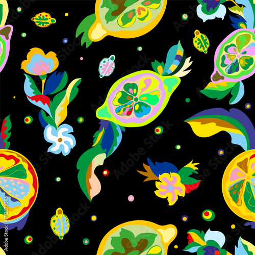 Seamless vector ethnic motif. Ukrainian pattern. Decorative composition with lemon and lime motifs. Wallpaper. Use for printed materials, signs, posters, postcards, packaging.