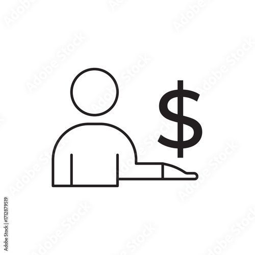 Minimal line icon showing a person with an open hand and dollar symbol, representing finance, income, salary, payment, investment, money management, and business transaction concepts.