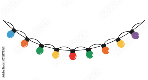 A colorful string of round lights displayed on a white background