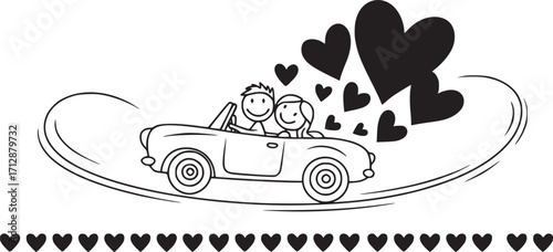 Love on the Road: A joyous pair embarks on a romantic journey, their convertible car leaving a trail of hearts in its wake, illustrating the bliss of travel and shared experience.