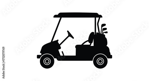 Simple black silhouette of a golf cart with clubs attached