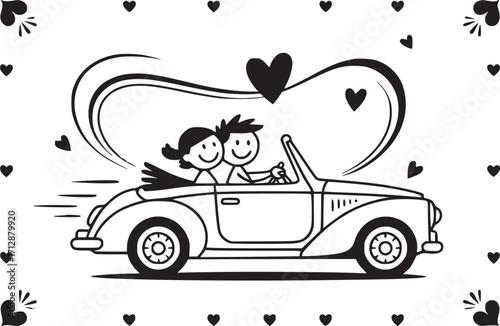 Romantic Couple Driving: A charming black and white illustration depicts a happy couple in a classic car, with hearts adorning the scene, evoking feelings of love, adventure, and shared journeys.