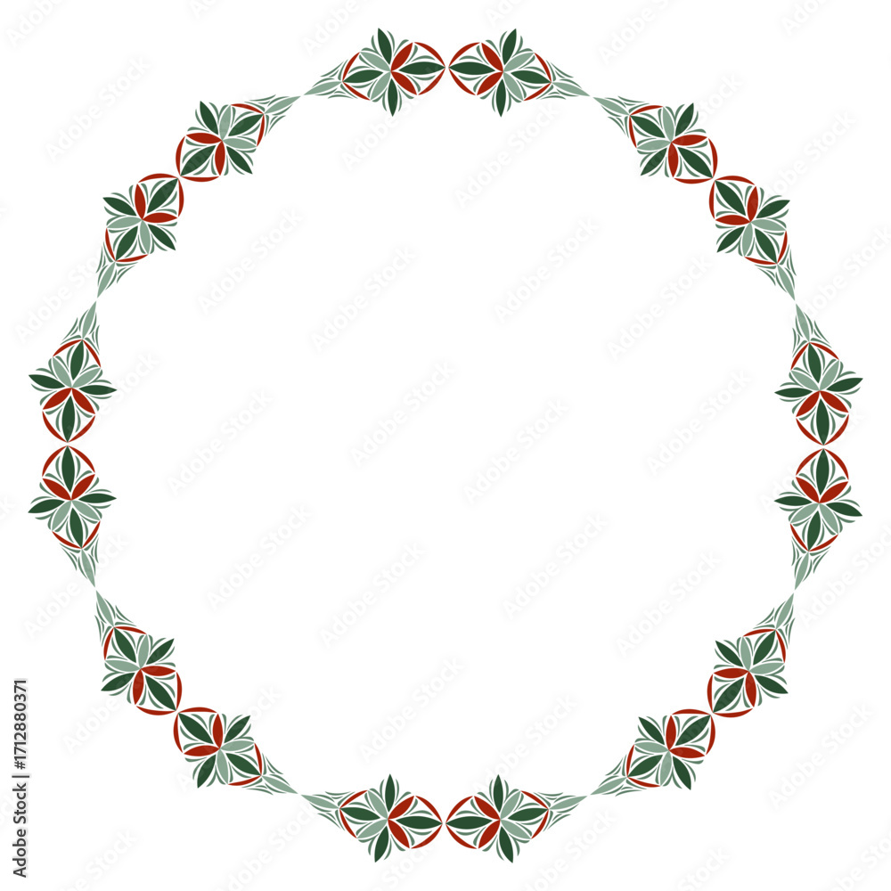 Obraz premium Ornamental geometric round frame. Fantasy round ornament of complex stars. Winter pattern in green red colors on white background. Design for christmas greeting card