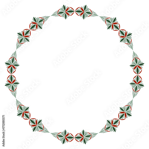 Ornamental geometric round frame. Fantasy round ornament of complex stars. Winter pattern in green red colors on white background. Design for christmas greeting card