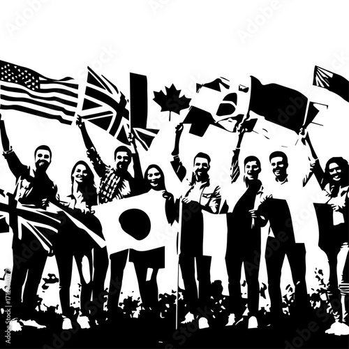 Silhouetted Group of People Holding Flags Representing Diverse Nations Celebrating Unity.