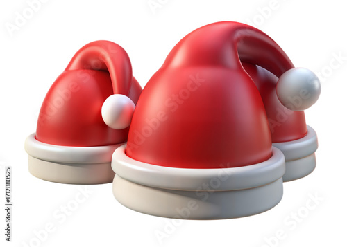 Festive red santa hats with white pom poms 3d rendered for holiday season